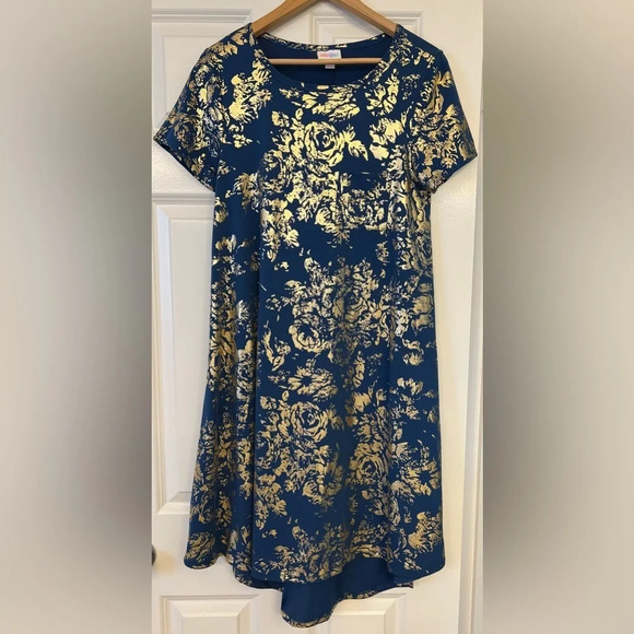 LuLaRoe Dresses & Skirts - LuLaRoe Carly Dress Blue with Metallic Gold Floral Design Size Small
